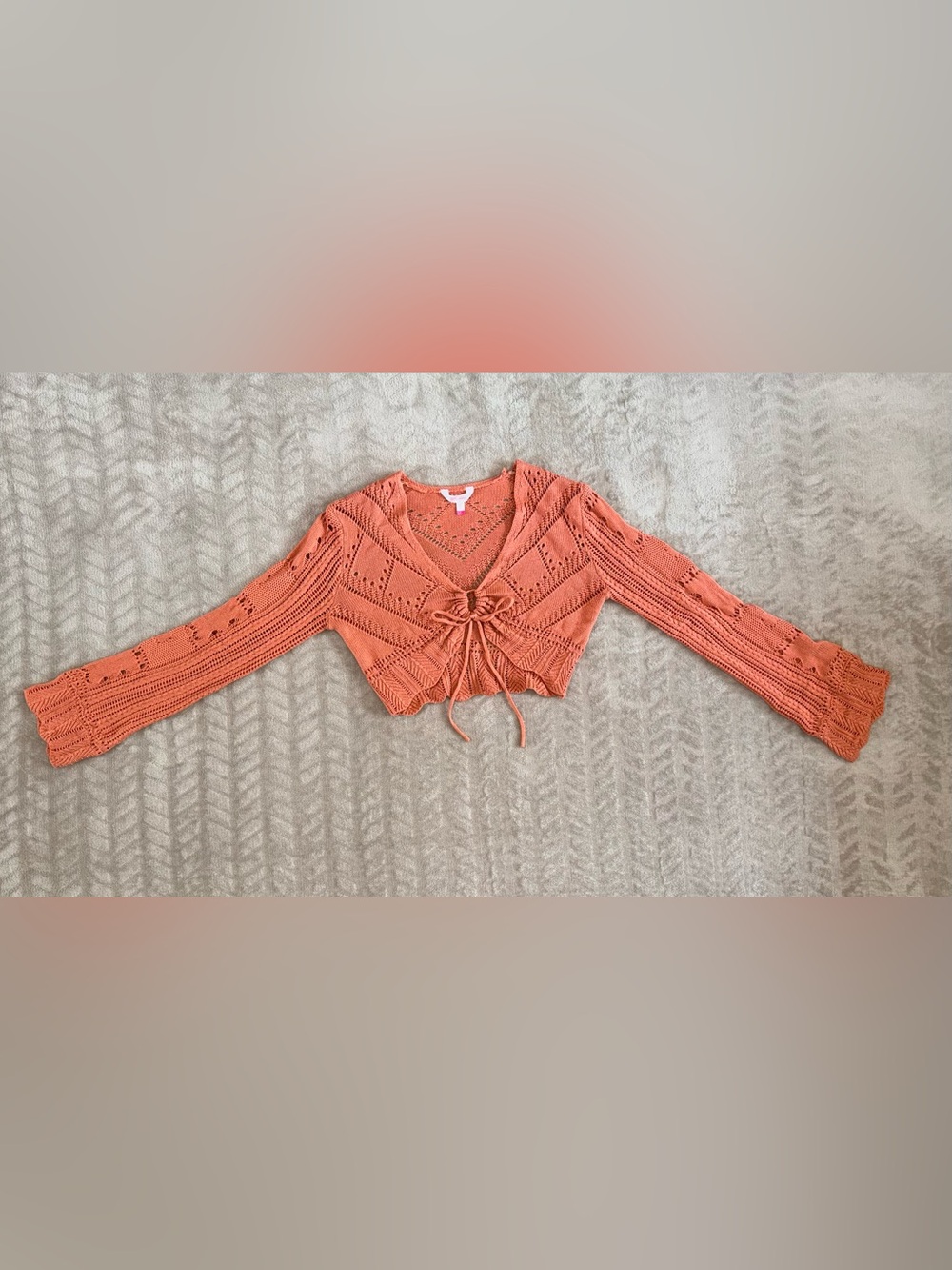 Festival Boho Crochet Bell Sleve Open-Knit Front-Tie Cropped Sweater | W Large